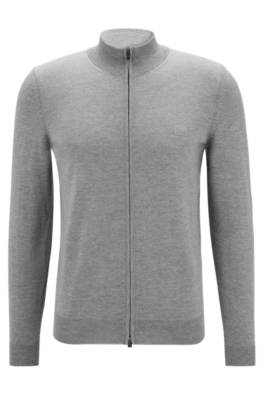 Hugo Boss Zip-up Cardigan In Virgin Wool With Embroidered Logo In Gray