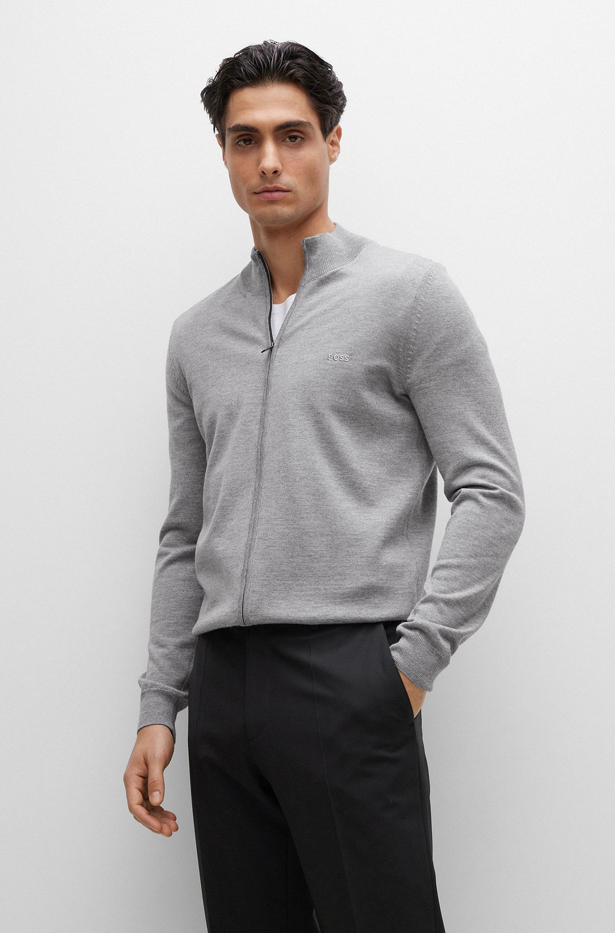 Zip-up cardigan in virgin wool with embroidered logo, Silver