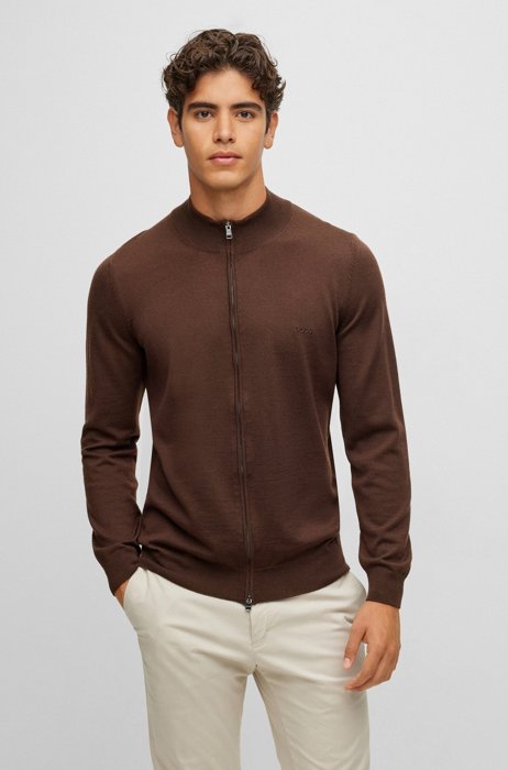 Zip-up cardigan in virgin wool with embroidered logo, Brown