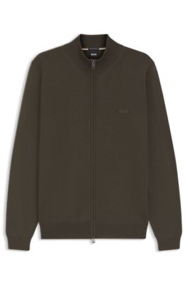 Zip-up cardigan in virgin wool with embroidered logo, Dark Green