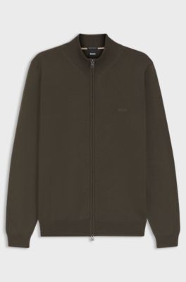 Zip-up cardigan in virgin wool with embroidered logo, Dark Green