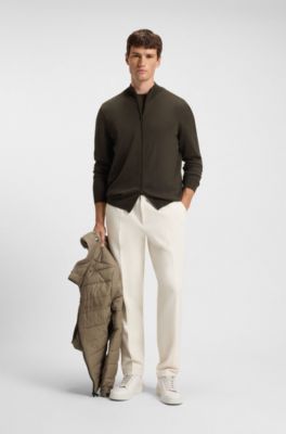 Zip-up cardigan in virgin wool with embroidered logo, Dark Green