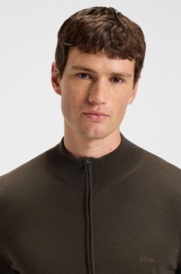 Zip-up cardigan in virgin wool with embroidered logo, Dark Green
