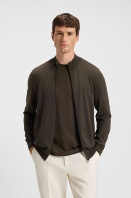 Zip-up cardigan in virgin wool with embroidered logo, Dark Green