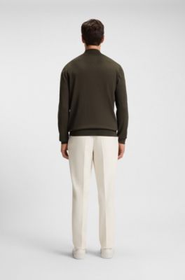 Zip-up cardigan in virgin wool with embroidered logo, Dark Green