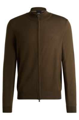 BOSS - Zip-up cardigan in virgin wool with embroidered logo