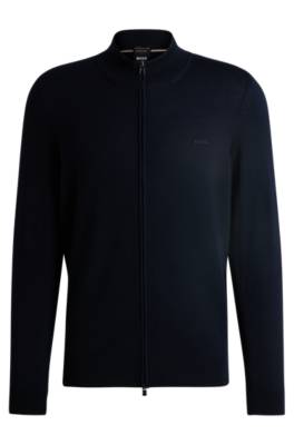 Hugo Boss Zip-up Cardigan In Virgin Wool With Embroidered Logo In Blue