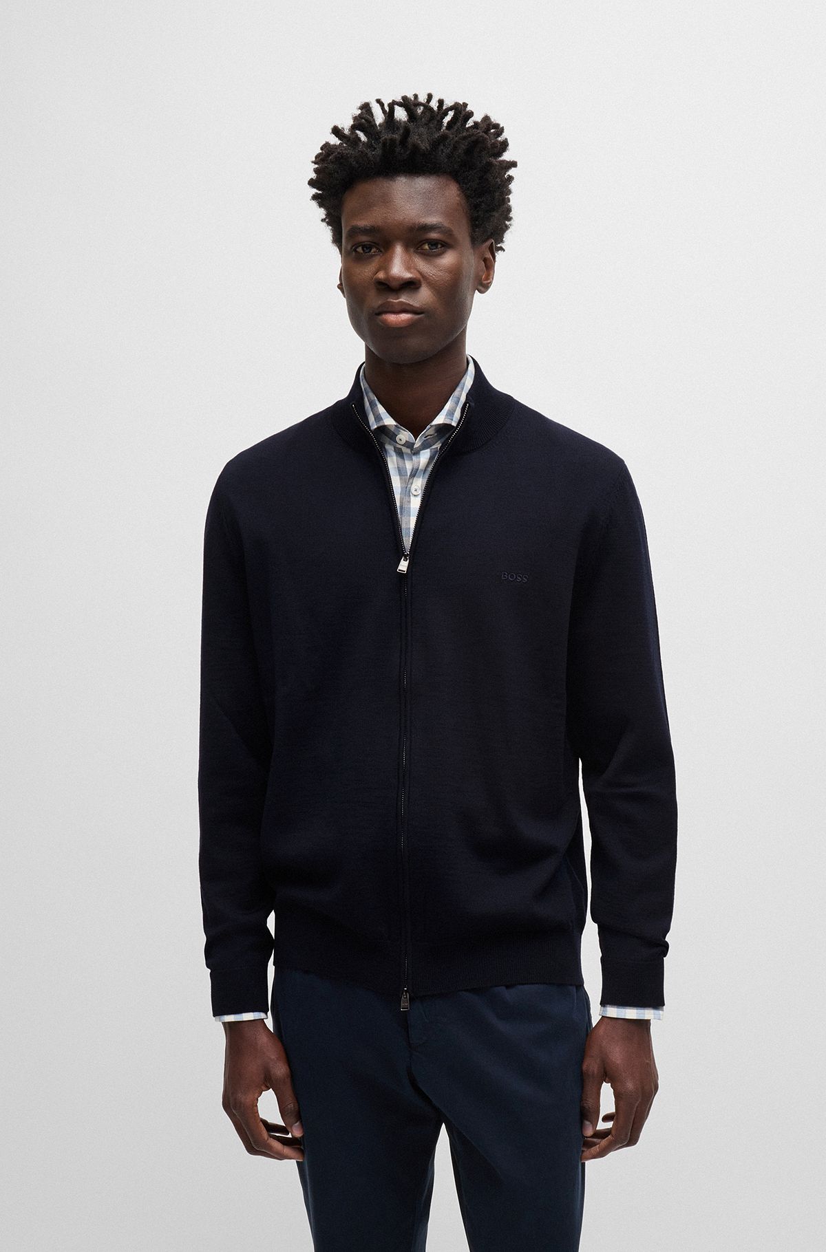 Zip-up cardigan in virgin wool with embroidered logo, Dark Blue
