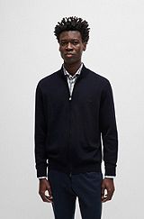 Zip-up cardigan in virgin wool with embroidered logo, Dark Blue