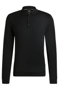 Slim-fit sweater in responsible wool with polo collar, Black