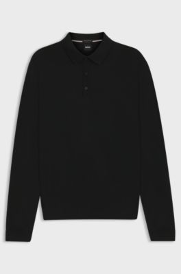 Long-sleeved knit polo sweater in Italian virgin wool, Black