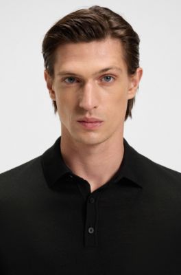Long-sleeved knit polo sweater in Italian virgin wool, Black