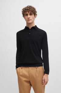 Long-sleeved knit polo sweater in Italian virgin wool, Black