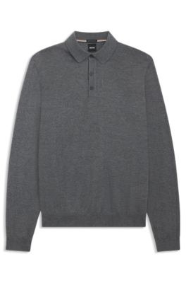 Long-sleeved knit polo sweater in Italian virgin wool, Grey