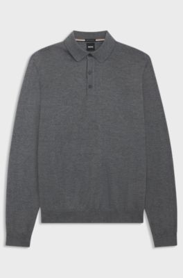 Long-sleeved knit polo sweater in Italian virgin wool, Grey