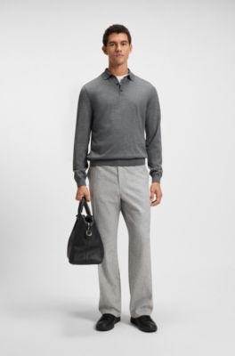 Long-sleeved knit polo sweater in Italian virgin wool, Grey