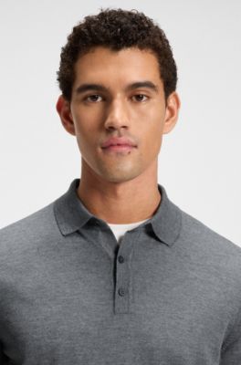 Long-sleeved knit polo sweater in Italian virgin wool, Grey
