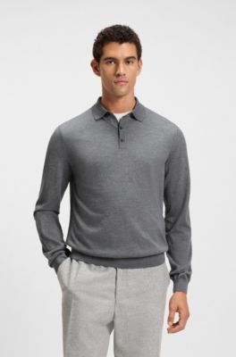 Long-sleeved knit polo sweater in Italian virgin wool, Grey