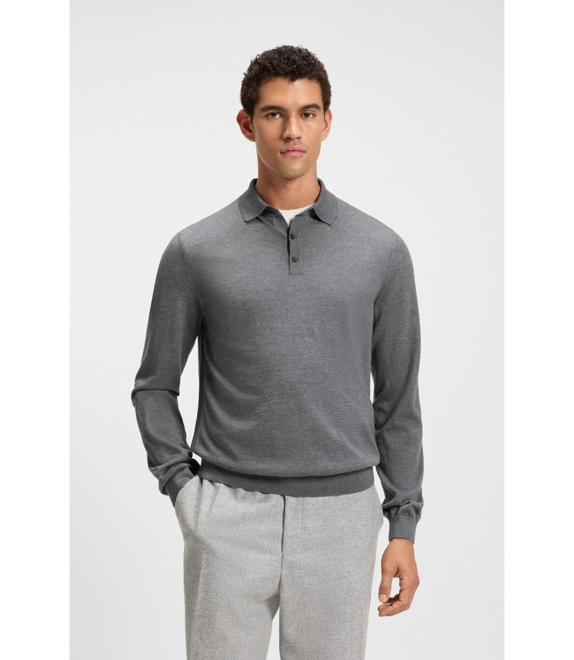 BOSS - Long-sleeved knit polo sweater in Italian virgin wool - Grey