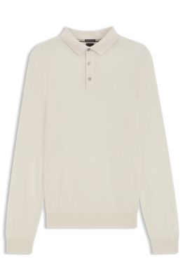 Long-sleeved knit polo sweater in Italian virgin wool, White