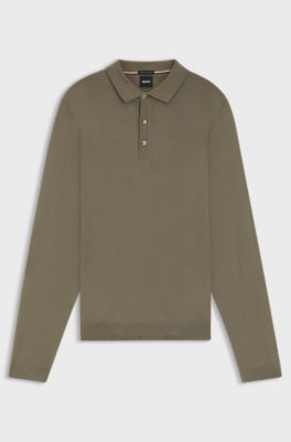 Long-sleeved knit polo sweater in Italian virgin wool, Brown