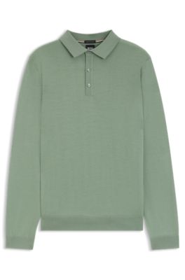 Long-sleeved knit polo sweater in Italian virgin wool, Light Green