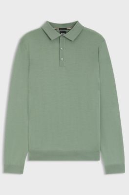 Long-sleeved knit polo sweater in Italian virgin wool, Light Green