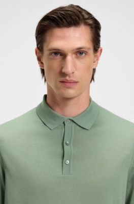 Long-sleeved knit polo sweater in Italian virgin wool, Light Green