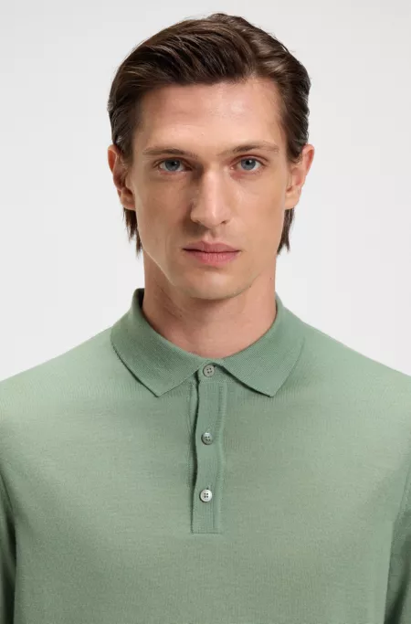 Long-sleeved knit polo sweater in Italian virgin wool