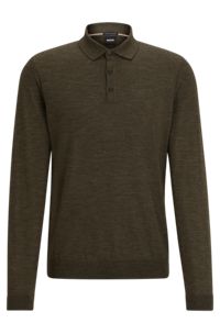 Slim-fit sweater in responsible wool with polo collar, Dark Brown
