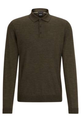 Hugo Boss Slim-fit Sweater In Responsible Wool With Polo Collar In Green