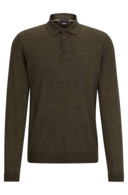 Hugo Boss Slim-fit Sweater In Responsible Wool With Polo Collar In Green