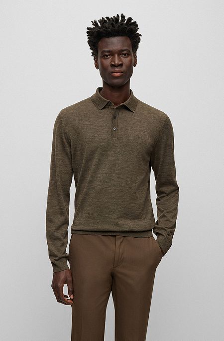 Slim-fit sweater in responsible wool with polo collar, Dark Brown