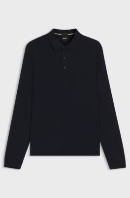 Long-sleeved knit polo sweater in Italian virgin wool, Dark Blue