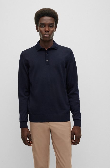 Slim-fit sweater in responsible wool with polo collar, Dark Blue