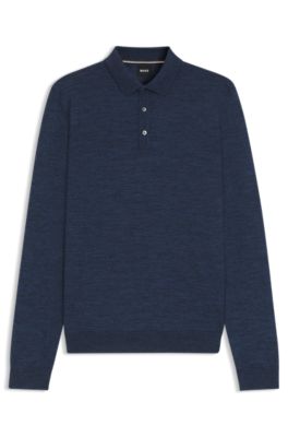 Long-sleeved knit polo sweater in Italian virgin wool, Dark Blue