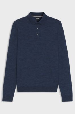 Long-sleeved knit polo sweater in Italian virgin wool, Dark Blue