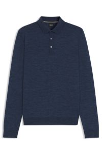 Long-sleeved knit polo sweater in Italian virgin wool, Dark Blue