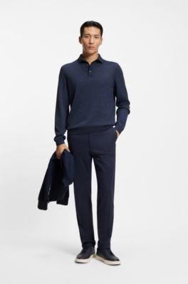 Long-sleeved knit polo sweater in Italian virgin wool, Dark Blue