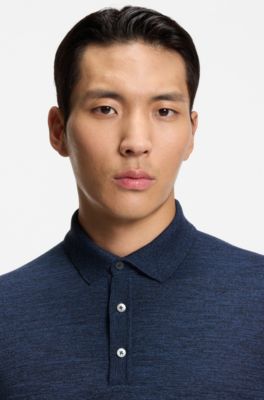 Long-sleeved knit polo sweater in Italian virgin wool, Dark Blue