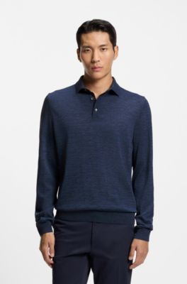 Long-sleeved knit polo sweater in Italian virgin wool, Dark Blue