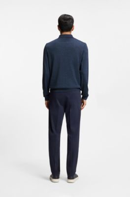 Long-sleeved knit polo sweater in Italian virgin wool, Dark Blue