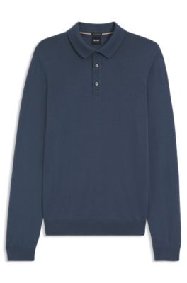 Long-sleeved knit polo sweater in Italian virgin wool, Blue