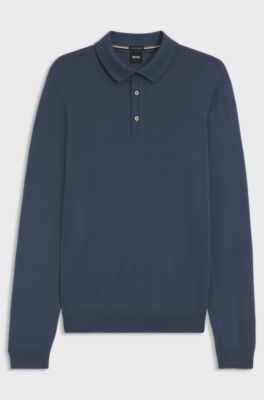 Regular-fit gebreide polo van scheerwol, Blauw