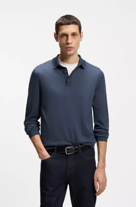 Long-sleeved knit polo sweater in Italian virgin wool