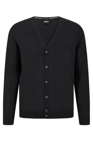 Button-up cardigan in virgin wool with embroidered logo, Hugo boss
