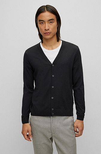 Button-up cardigan in virgin wool with embroidered logo, Black