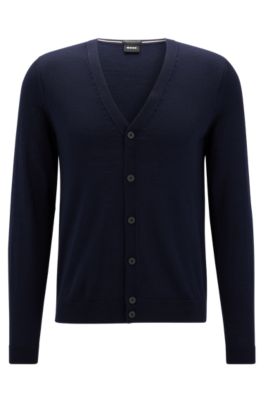 BOSS - Button-up cardigan in virgin wool with embroidered logo