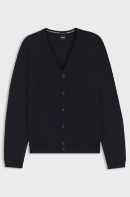 V-neck cardigan in virgin wool, Dark Blue