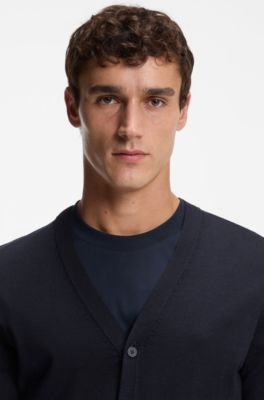 V-neck cardigan in virgin wool, Dark Blue